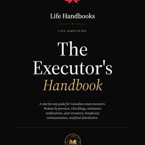 Puede incluir: Una portada de libro negra con el título "The Executor's Handbook" en letras blancas y doradas. Una hoja de arce roja en la parte superior. El libro es una guía paso a paso para los albaceas canadienses.