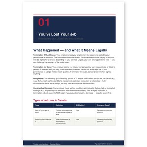 May include: A white document with the title "You've Lost Your Job" and text explaining job loss in Canada. The document includes sections on termination, resignation, and constructive dismissal, with a table of job loss types.
