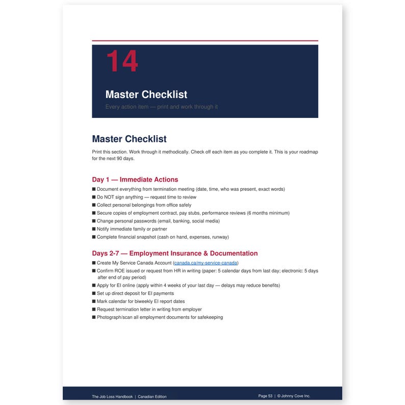 May include: A white page from "The Job Loss Handbook" with a navy blue header that reads "14 Master Checklist." The checklist includes immediate actions and employment insurance documentation. Text is in black.