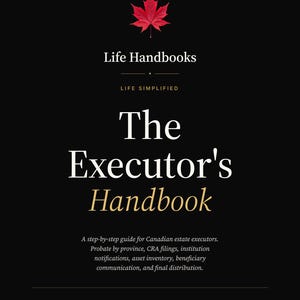 May include: A black book cover with the title "The Executor's Handbook" in white and gold lettering. A red maple leaf is at the top. The book is a step-by-step guide for Canadian estate executors.