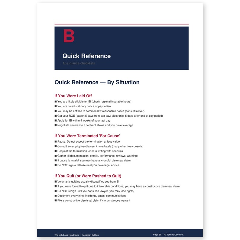May include: A white document titled "Quick Reference" with checklists for job loss situations. The document includes sections on being laid off, terminated for cause, and quitting. The top has a blue banner with the letter "B".