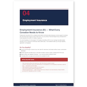 May include: A page from "The Job Loss Handbook" with the title "Employment Insurance." The document explains EI, a federal safety net for unemployed Canadians. Key sections include "What Every Canadian Needs to Know" and "Do You Qualify?"