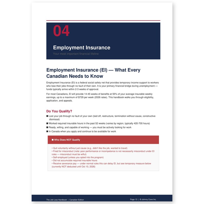 May include: A page from "The Job Loss Handbook" with the title "Employment Insurance." The document explains EI, a federal safety net for unemployed Canadians. Key sections include "What Every Canadian Needs to Know" and "Do You Qualify?"