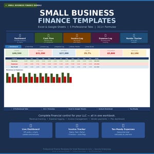 Puede incluir: Un gráfico azul oscuro con el texto "SMALL BUSINESS FINANCE TEMPLATES" y datos financieros. La imagen incluye secciones para paneles, flujo de caja, registros de facturas y registros de gastos. La imagen también incluye un gráfico que muestra ingresos vs gastos.