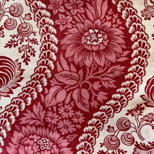 Rare Red French Antique Fabric: 19th Century Floral Stripe Textile
