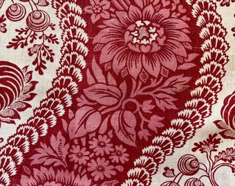 Rare Red French Antique Fabric: 19th Century Floral Stripe Textile