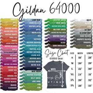 May include: A Gildan 64000 t-shirt color chart with various colors, including blue, green, and purple. A size chart shows measurements in inches for sizes S to 3X. The image also includes the text "Raleigh Reese Boutique."