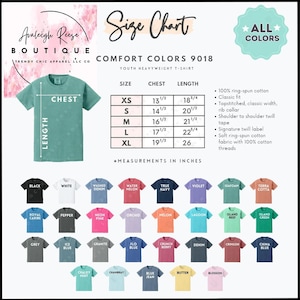 May include: A size chart for Comfort Colors 9018 youth heavyweight t-shirts. The chart shows chest and length measurements in inches for sizes XS to XL. The image also displays a variety of t-shirt colors, including black, white, and denim.
