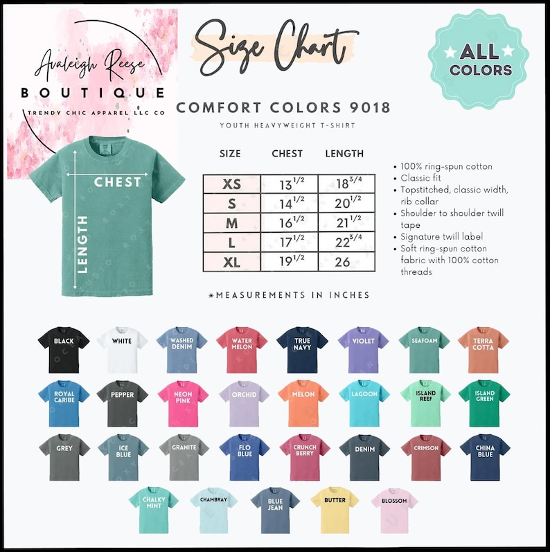 May include: A size chart for Comfort Colors 9018 youth heavyweight t-shirts. The chart shows chest and length measurements in inches for sizes XS to XL. The image also displays a variety of t-shirt colors, including black, white, and denim.