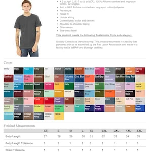 May include: A person wearing a dark gray Bella+Canvas Jersey Tee. The image includes a color chart with various options and finished measurements for sizes XS to 5XL. The shirt is made of 100% Airlume combed cotton.