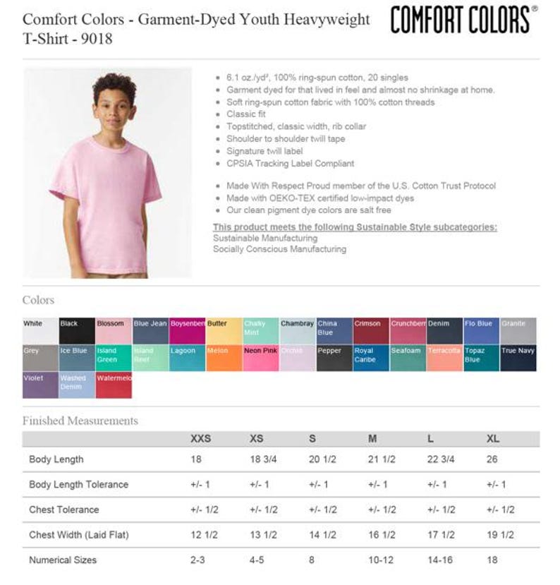 May include: A youth-sized, garment-dyed Comfort Colors t-shirt in a light pink color. The shirt has a classic fit, a rib collar, and a shoulder-to-shoulder twill tape. The image also shows a color chart and size measurements in inches.