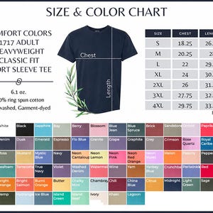 May include: A navy blue short sleeve t-shirt displayed with a size and colour chart. The chart includes a table with chest and length measurements in inches for sizes S to 4XL, alongside a grid of numerous colour swatches with labels.