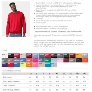 May include: A Gildan Heavy Blend crewneck sweatshirt in red, displayed on a product specification sheet. The image includes a colour chart with various options, a list of fabric features, and a detailed table of finished measurements in inches.