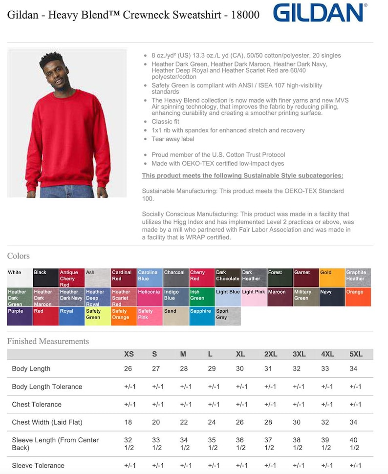 May include: A Gildan Heavy Blend crewneck sweatshirt in red, displayed on a product specification sheet. The image includes a colour chart with various options, a list of fabric features, and a detailed table of finished measurements in inches.