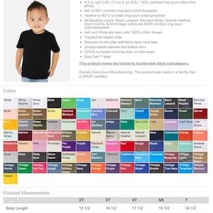 May include: Black toddler fine jersey tee shirt with a crew neck. The shirt is made of 100% combed ring-spun cotton fine jersey. The shirt is available in sizes 2T, 3T, 4T, 5/6, and 7.