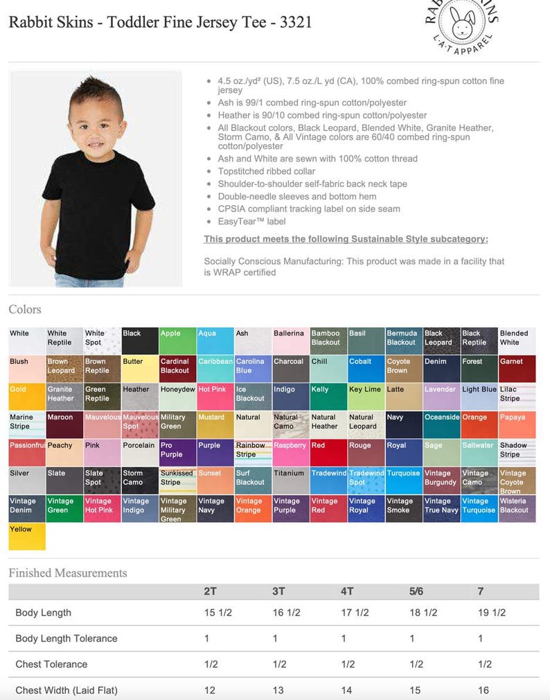 May include: Black toddler fine jersey tee shirt with a crew neck. The shirt is made of 100% combed ring-spun cotton fine jersey. The shirt is available in sizes 2T, 3T, 4T, 5/6, and 7.