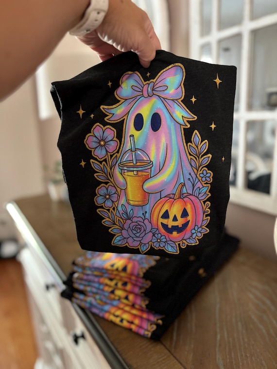 Faux Iridescent Ghost Halloween Shirt, Colorful Girly Ghost Tee, Ghost Coffee Fall Shirt, Cute Spooky Season Graphic Tee
