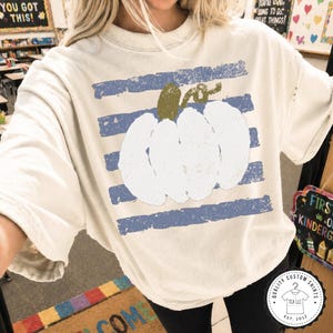 White Pumpkin Striped Fall Shirt, Fall Pumpkin Shirt, Cute Fall Pumpkin Tee, Distressed Pumpkin Striped Shirt, Comfort Colors Pumpkin Shirt image 1