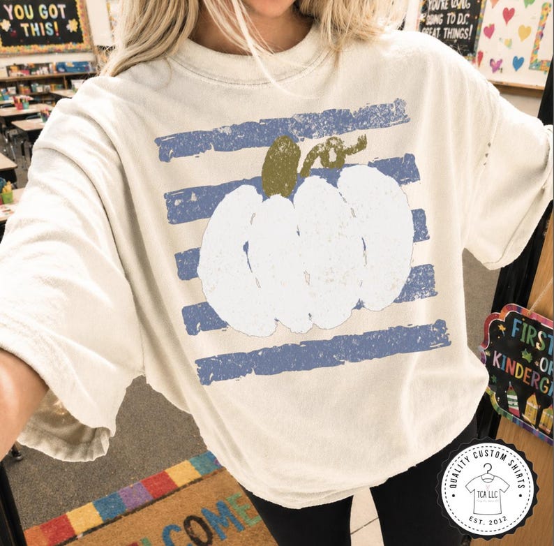 White Pumpkin Striped Fall Shirt, Fall Pumpkin Shirt, Cute Fall Pumpkin Tee, Distressed Pumpkin Striped Shirt, Comfort Colors Pumpkin Shirt image 1