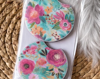 Floral Car Coasters Set, Cute Cup Holder Coasters, Boho Flower Car Accessories, Neoprene Car Coasters, Gift for Her
