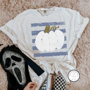 White Pumpkin Striped Fall Shirt, Fall Pumpkin Shirt, Cute Fall Pumpkin Tee, Distressed Pumpkin Striped Shirt, Comfort Colors Pumpkin Shirt image 4