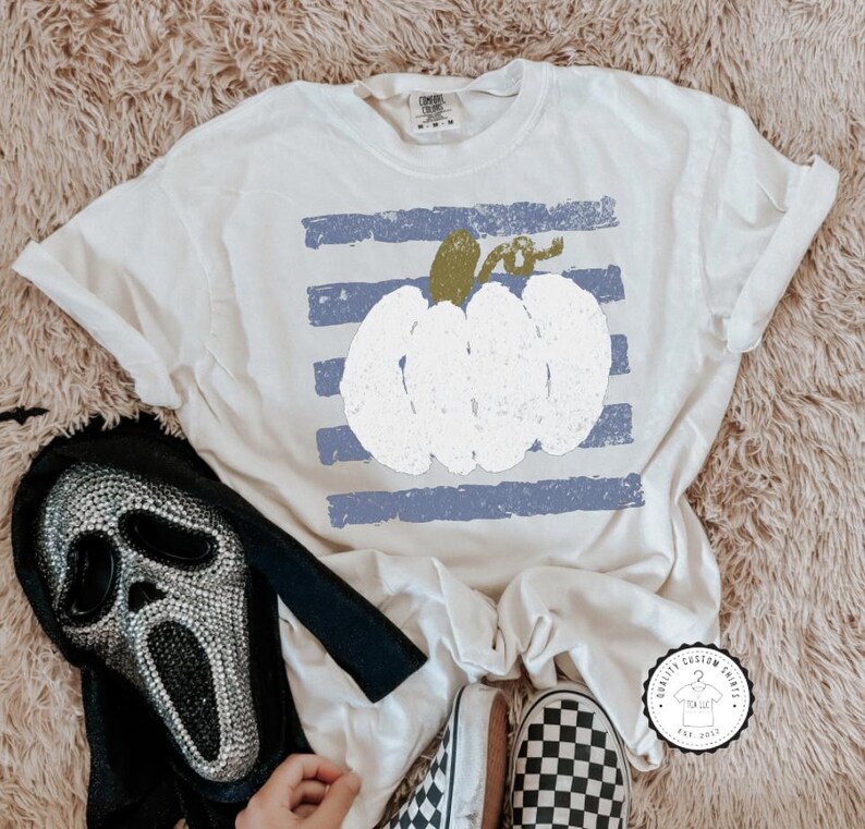 White Pumpkin Striped Fall Shirt, Fall Pumpkin Shirt, Cute Fall Pumpkin Tee, Distressed Pumpkin Striped Shirt, Comfort Colors Pumpkin Shirt image 4