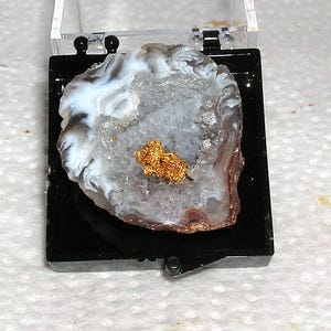May include: A small, rough piece of metallic gold nugget resting inside a circular, hollow geode. The geode features a white and gray banded outer edge with a sparkling, crystalline interior. It is displayed in a square, black plastic box.