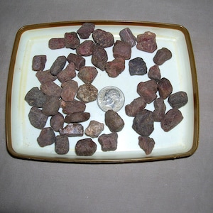 May include: A collection of small, rough, dark reddish-brown stones scattered on a rectangular white tray with a gold-colored rim. A silver-colored United States dime is placed among the stones to provide a sense of scale for the objects.
