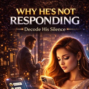 May include: Digital illustration of a book cover titled "WHY HE'S NOT RESPONDING" with the subtitle "Decode His Silence." The image features a woman and a man each holding a smartphone. The book is published by PROFOUND MIND EBOOKS.