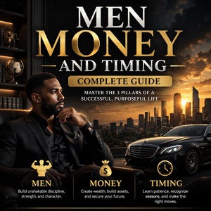 May include: A book cover with the title "MEN MONEY AND TIMING" in gold lettering. The cover features a man in a suit, a luxury car, and city skyline. The book promises to guide readers to a successful life by mastering the pillars of men, money, and timing.