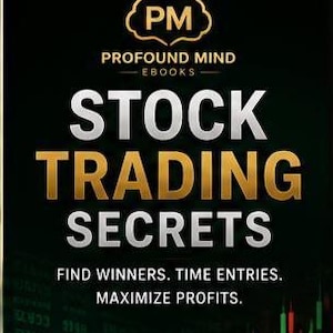 Puede incluir: Una portada de libro digital titulada STOCK TRADING SECRETS de PROFOUND MIND EBOOKS. Presenta una estatua de toro de bronce sobre un fondo de gráfico bursátil con el texto: FIND WINNERS. TIME ENTRIES. MAXIMIZE PROFITS. Iconos de estrategias, análisis y riesgo.