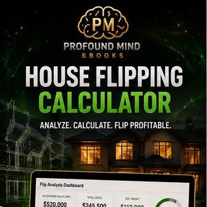 May include: A laptop displays a house flipping calculator with financial data, including ARV, total costs, and estimated profit. The screen shows a dashboard with charts and figures, along with a calculator and pen.