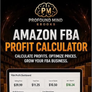 May include: A laptop displays an Amazon FBA profit calculator interface. The screen shows profit summaries, cost breakdowns, and product analysis data. The image includes the text "AMAZON FBA PROFIT CALCULATOR" and icons for calculating fees, analyzing profits, and optimizing pricing.