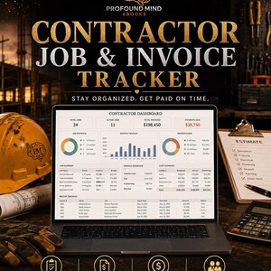 May include: A promotional image for a contractor job and invoice tracker. The image features a laptop displaying a dashboard with financial data, a hard hat, blueprints, and a calculator. Text includes "Contractor Job & Invoice Tracker."