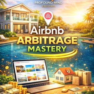 May include: Digital illustration promoting an Airbnb arbitrage ebook. The image features a laptop displaying rental listings, stacks of cash, a smartphone, and a miniature house. The text reads "Airbnb Arbitrage Mastery."