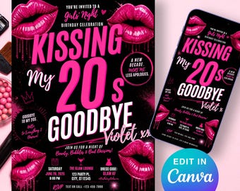 Editable Kissing My 20s Goodbye Invitation, 30th Birthday Invite, Glam Lips Girls Night Template, Pink Digital Download