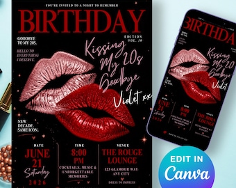 Editable Kissing My 20s Goodbye Invitation, 30th Birthday Invite, Dark Glam Lips Girls Night Template, Black Red Digital Download