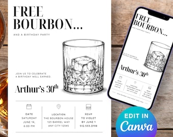 Bourbon Birthday Invitation Template, Printable Whiskey 30th Birthday Invite, Custom Canva Bourbon Lounge Party Celebration