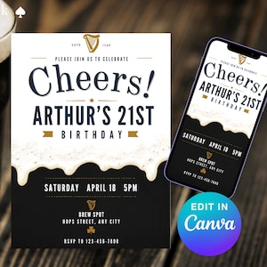 May include: A pint of dark beer next to a birthday invitation. The invitation reads "Cheers! Arthur's 21st Birthday" with event details. A smartphone displays the same invitation. The design includes a white foam effect.
