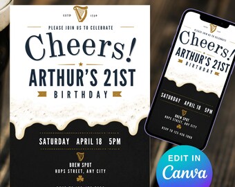 Editable Irish Stout or Guinness Birthday Invitation, Cheers and Beers 21st Invite, St. Patrick’s Day Birthday Party, Brewery Theme