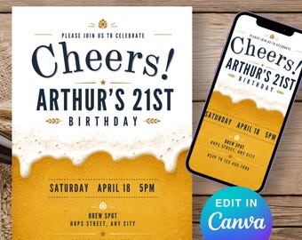 Editable Beer Birthday Invitation, Cheers and Beers 21st Birthday Invite, Brewery Birthday Party Template, Brew Bash Digital Download