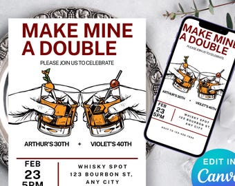 Editable Joint Birthday Invitation, Make Mine a Double Invite, Retro Cocktail Birthday, 30th 40th Invite, Whiskey Theme, Instant Download