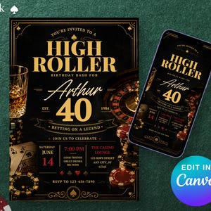 Pode incluir: Convite com tema de cassino em preto e dourado para um 40º aniversário, com o texto "HIGH ROLLER" e "Arthur 40". Inclui um copo de uísque, uma roleta, cartas de baralho e fichas de pôquer. Um smartphone mostra o mesmo design.