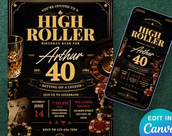 Editable Casino Night Birthday Invitation, High Roller 40th Birthday Invite, Poker Night Party, Betting on a Legend, Digital Download