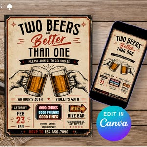 May include: Vintage-style invitation with the text "TWO BEERS ARE Better THAN ONE." The design features two hands toasting beer mugs, event details, and a smartphone displaying the same design. A beer bottle and glass are also visible.