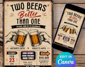Editable Joint Beer Birthday Invitation, Two Beers Better Than One Invite, Combined Milestone Birthday Template, Retro Dive Bar Brew Bash