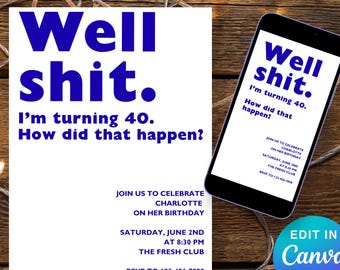 Funny 40th Birthday Invitation, Well Shit I'm Turning 40, Minimalist Modern Invite, Snarky Birthday, Digital Download, Editable Template