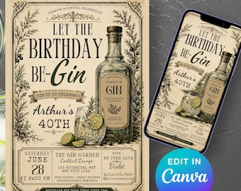 Let The Birthday Be-Gin Invitation Template, Vintage Botanical Gin Party Invite, Custom Canva Craft Distillery Birthday Lounge Invite
