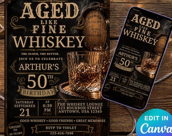 Aged Like Fine Whiskey Birthday Invitation, 50th Birthday Invite for Men, Vintage Whiskey Theme, Milestone Birthday, Editable Template