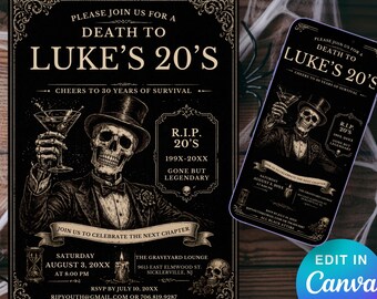 Death to My 20s Birthday Invitation, Funeral for My 20s Party, Gothic 30th Birthday Invite, RIP 20s, Vintage Skeleton, Editable Template